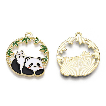 Alloy Enamel Pendants, Flat Round with Panda Charm, Real 14K Golden Plated, Black, 28x25x1.5mm, Hole: 1.8mm
