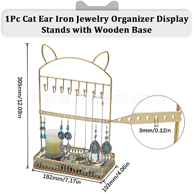 1 présentoirs d'organisateur de bijoux en fer d'oreille de chat avec base en bois(ODIS-SC0001-02)-2