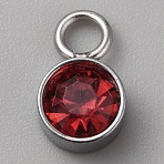 Glass Rhinestone Charms, with Stainless Steel Color 304 Stainless Steel Findings, Flat Round Charms, Ruby, 10x6x4mm, Hole: 2.5mm(RB-WH0007-11C)