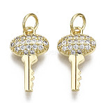 Brass Micro Pave Clear Cubic Zirconia Pendants, with Jump Ring, Nickel Free, Key, Real 16K Gold Plated, 17x9x3mm, Jump Ring: 5x1mm, 3mm inner diameter(ZIRC-N039-091-NF)