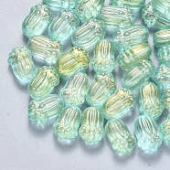 Transparent Spray Painted Glass Beads, with Glitter Powder, Pakchoi, Aquamarine, 11x7.5x5.5mm, Hole: 1mm(GLAA-S190-004A-04)