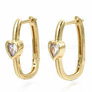 Brass Micro Pave Clear Cubic Zirconia Huggie Hoop Earring, Nickel Free, Oval with Heart, Real 16K Gold Plated, 21.5x6.5x14mm, Pin: 1.2mm(EJEW-T046-16G-NF)