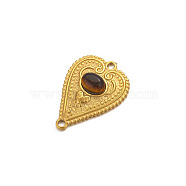 Stainless Steel Pave Natural Tiger Eye Peach Heart Connector Charms, Golden, 29x21mm(PW-WG0EEB2-03)