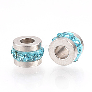 201 Stainless Steel Rhinestone Beads, Column, Aquamarine, 7x5mm, Hole: 3mm(RB-R052-06)