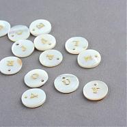 Freshwater Shell Pendants, Flat Round with Gold Blocking Letter, Random Mixed Letters, 11.5x2mm, Hole: 1.5mm(SSHEL-S249)