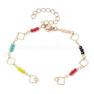 Rhombus Glass Seed Beaded Link Bracelet Making, with Stainless Steel Chain & Lobster Claw Clasps, Fit for Connector Charms, Colorful, 6-3/4 inch(17.1cm)(AJEW-JB01150-29)