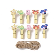 Sea Animals Theme Wooden & Iron Clothes Pins, with Hemp Rope for Hanging Note, Photo, Clothes, Office School Supplies, Mixed Color, Clip: 39~41x17~21.5x11~13mm, 10pcs, Rope: 1400~1450x1.5mm, 1bundle(AJEW-H137-02)