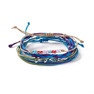 4Pcs 4 Style Alloy & Glass Braided Bead Bracelets Set, Waxed Polyester Cord Adjustable Bracelets for Women, Deep Sky Blue, Inner Diameter: 2~3-3/4 inch(5~9.6cm), 1Pc/style(BJEW-B065-09E)