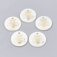 Freshwater Shell Pendants, with Brass Findings, Flat Round with Bee, Golden, 22.5~23x1.5~2mm, Hole: 1.5mm(SHEL-T009-12G)