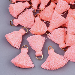 Polycotton(Polyester Cotton) Tassel Pendant Decorations, with Iron Findings, Light Gold, Light Coral, 20~30x7~8mm, Hole: 5mm(X-FIND-S280-15)