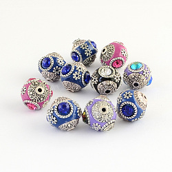 Handmade Indonesia Round Beads, with Glass Cabochons and Antique Silver Metal Color Double Alloy Cores, Mixed Color, 14~15x15~16mm, Hole: 2mm(IPDL-R400-M)
