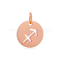 304 Stainless Steel Charms, Flat Round with Constellation/Zodiac Sign, Rose Gold, Sagittarius, 12x1mm, Hole: 3mm(STAS-Q201-T445-9R)