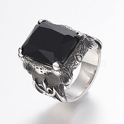 304 Stainless Steel Finger Rings, with Cubic Zirconia, Rectangle, Black, 17~22mm(RJEW-G091-26-B)