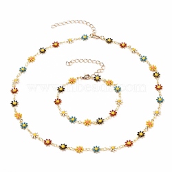 Daisy Link Chain Necklaces & Bracelets Jewelry Sets, with Brass Enamel Links, Curb Extension Chain & Lobster Claw Clasps, Golden, Colorful, 17 inch(43.1cm), 7-1/4 inch(18.5cm)(SJEW-JS01138-01)