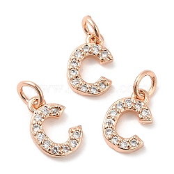 Brass Micro Pave Grade AAA Cubic Zirconia Charms, Letter C, Cadmium Free & Nickel Free & Lead Free, Real Rose Gold Plated, 9x6x1.5mm, Hole: 2mm(ZIRC-P067-11RG-C-NR)