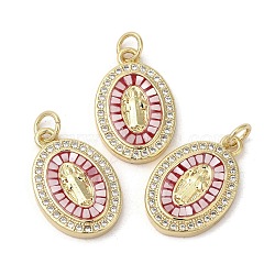 Brass Micro Pave Cubic Zirconia Beads, with Enamel & Shell, Long-Lasting Plated, Lead Free & Cadmium Free, Real 18K Gold Plated, Oval with Holy Virgin, Red, 19.5x12.5x3mm, Hole: 3.5mm(KK-K385-020G)