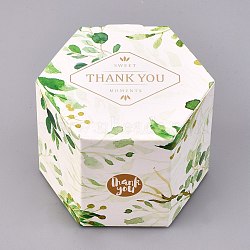 Hexagon Shape Candy Packaging Box, Wedding Party Gift Box, Boxes, Leaf and Word Thank You Pattern, Green, 7.1x8.2x6.3cm; Unfold: 22.9x12.25x0.08cm(CON-F011-04C)
