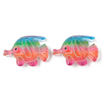 Rainbow Resin Cabochons, with Glitter, Fish, Colorful, 22x30x9mm
