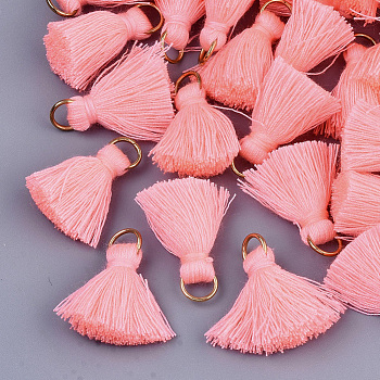 Polycotton(Polyester Cotton) Tassel Pendant Decorations, with Iron Findings, Light Gold, Light Coral, 20~30x7~8mm, Hole: 5mm