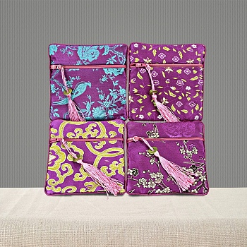 Double-layer Zipper Cloth Bag, Chinese Style Jewelry Storage Bag for Jewelry Accessories, Random Pattern, Dark Orchid, 11.5x11.5cm