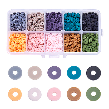 2100Pcs 10 Colors Handmade Polymer Clay Beads, Disc/Flat Round, Heishi Beads, Mixed Color, 6x1mm, Hole: 2mm, 210pcs/color