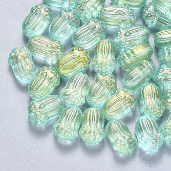 Transparent Spray Painted Glass Beads, with Glitter Powder, Pakchoi, Aquamarine, 11x7.5x5.5mm, Hole: 1mm