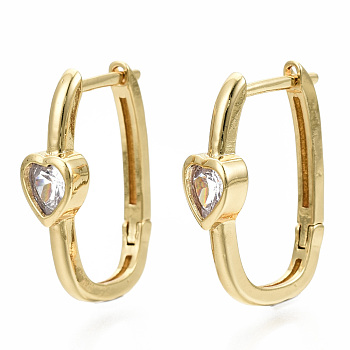 Brass Micro Pave Clear Cubic Zirconia Huggie Hoop Earring, Nickel Free, Oval with Heart, Real 16K Gold Plated, 21.5x6.5x14mm, Pin: 1.2mm