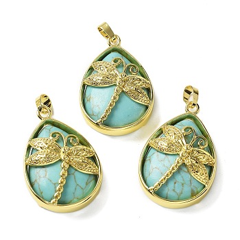 Synthetic Turquoise Pendants, with Golden Tone Brass Findings, Lead Free & Cadmium Free, Teardrop with Dragonfly Charms, 40~40.5x26~26.5x8.5~9.5mm, Hole: 7~8x4.5~5mm