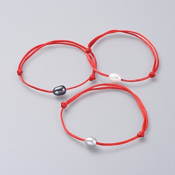Nylon Thread Bracelets, with Natural Pearl Beads, Red, 1-3/4 inch~3-1/2 inch(4.5~9cm)