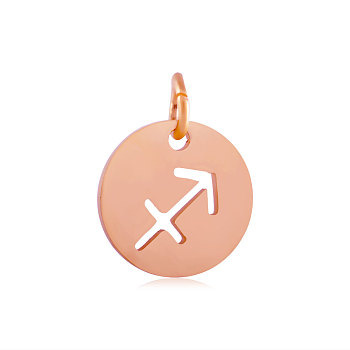 304 Stainless Steel Charms, Flat Round with Constellation/Zodiac Sign, Rose Gold, Sagittarius, 12x1mm, Hole: 3mm