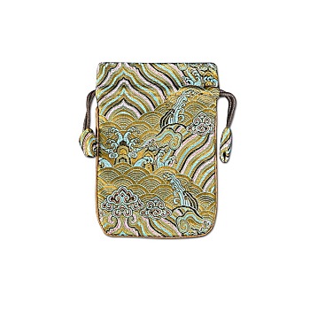 Chinese Style Cloth Landscape Print Bags, Drawstring Pouches for Jewelry Storage, Rectangle, Dark Khaki, 15x10cm