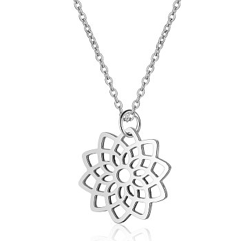 201 Stainless Steel Pendants Necklaces, with Cable Chains, Flower, Stainless Steel Color, 16.3 inch(40cm), 1mm