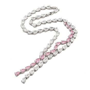 Brass Micro Pave Cubic Zirconia Necklaces, Teardrop, Hot Pink, 19.33 inch(491mm)