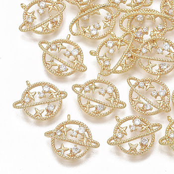 Brass Micro Pave Cubic Zirconia Charms, Nickel Free, Planet, Clear, Real 18K Gold Plated, 14x16.5x4.5mm, Hole: 1mm