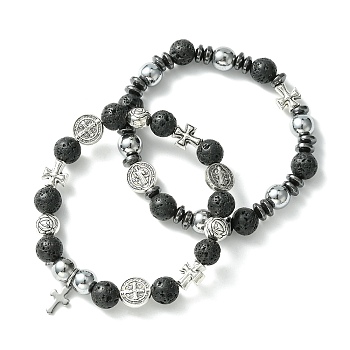 2Pcs 2 Style Natural Lava Rock & Alloy Saint Benedict Medal Beaded Stretch Bracelets Set, 304 Stainless Steel Cross Charms Stackable Bracelets, Inner Diameter: 2-1/4 inch(5.8cm), 1Pc/style