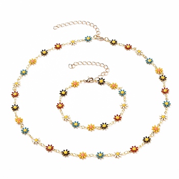 Daisy Link Chain Necklaces & Bracelets Jewelry Sets, with Brass Enamel Links, Curb Extension Chain & Lobster Claw Clasps, Golden, Colorful, 17 inch(43.1cm), 7-1/4 inch(18.5cm)