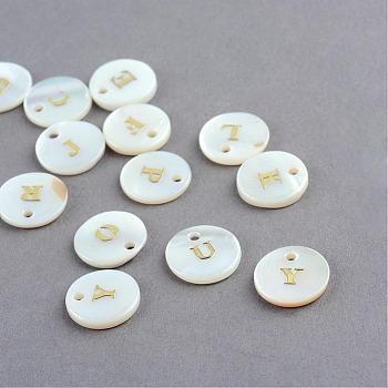 Freshwater Shell Pendants, Flat Round with Gold Blocking Letter, Random Mixed Letters, 11.5x2mm, Hole: 1.5mm