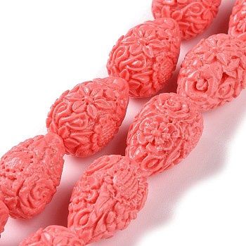 Dyed Synthetical Coral Teardrop Shaped Carved Flower Bud Beads Strands, Tomato, 21x14x14mm, Hole: 1mm, about 16pcs/strand, 13 inch