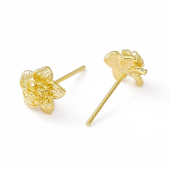 Brass Flower Stud Earrings for Women, Cadmium Free & Lead Free, Real 24K Gold Plated, 7.5x8mm, Pin: 0.7mm