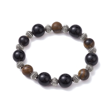 12mm Round Natural Black Onyx(Dyed & Heated) & 10mm Round Natural Tiger Eye & Alloy Beaded Stretch Bracelets for Women, Antique Silver, Inner Diameter: 2 inch(5.15cm), 10~12mm