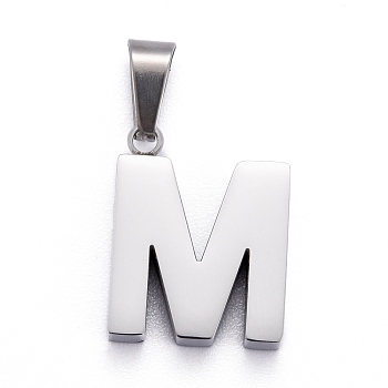 304 Stainless Steel Letter Pendants, Manual Polishing, Alphabet, Stainless Steel Color, Letter.M, 18.5x14.3x3.5mm, Hole: 7x3.5mm