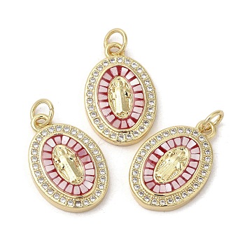 Brass Micro Pave Cubic Zirconia Beads, with Enamel & Shell, Long-Lasting Plated, Lead Free & Cadmium Free, Real 18K Gold Plated, Oval with Holy Virgin, Red, 19.5x12.5x3mm, Hole: 3.5mm