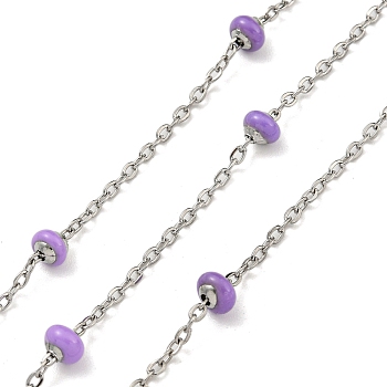 304 Stainless Steel Enamel Link Chains, Soldered, with Spool, Flat Round, Lilac, 2x1.5x0.5mm
