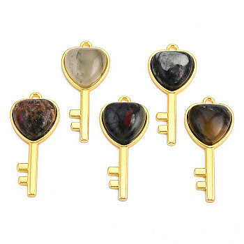 Natural Dragon Blood Pendants, with Light Gold Plated Brass Findings, Key with Heart Charm, 38x17x6.5~7mm, Hole: 1.8mm