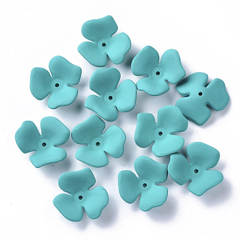 3-Petal Spray Painted Acrylic Bead Caps, Rubberized Style, Flower, Dark Turquoise, 23x20~22x7mm, Hole: 1.6mm