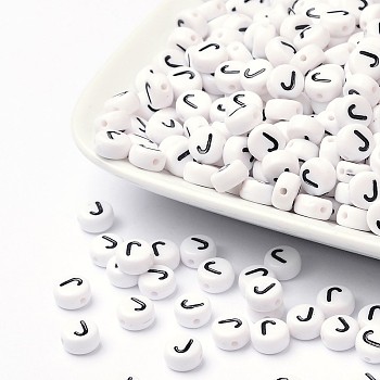 Acrylic Beads, with Horizontal Hole, Letter, Flat Round, Letter.J, 7x4mm, Hole: 1mm, about 3500pcs/500g
