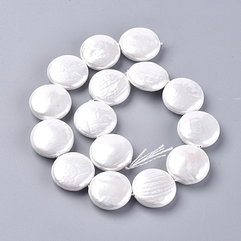 Shell Pearl Beads Strands, Flat Round, White, 25.5~26x8.5~10mm, Hole: 0.5mm, about 15pcs/Strand, 15.35 inch(39cm)