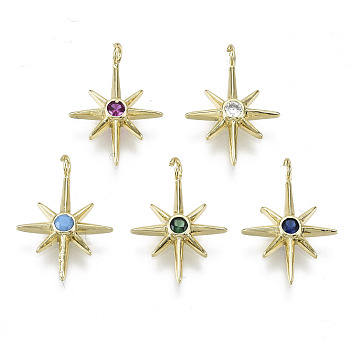 Brass Micro Pave Cubic Zirconia Pendants, Star, Real 16K Gold Plated, Nickel Free, Mixed Color, 17~18x12~13x3mm, Hole: 1.6mm
