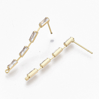 Brass Clear Cubic Zirconia Stud Earring Findings, for Half Drilled Beads, with Loop, Nickel Free, Rectangle, Real 18K Gold Plated, Clear, 32.5x2mm, Hole: 1.2mm, Pin: 0.7mm