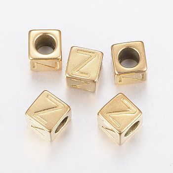 304 Stainless Steel Large Hole Letter European Beads, Horizontal Hole, Cube with Letter.Z, Golden, 8x8x8mm, Hole: 5mm